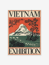 Vintage Vietnam Exhibition poster with a stylized landscape featuring a white mountain, green water, and orange sky with trees.