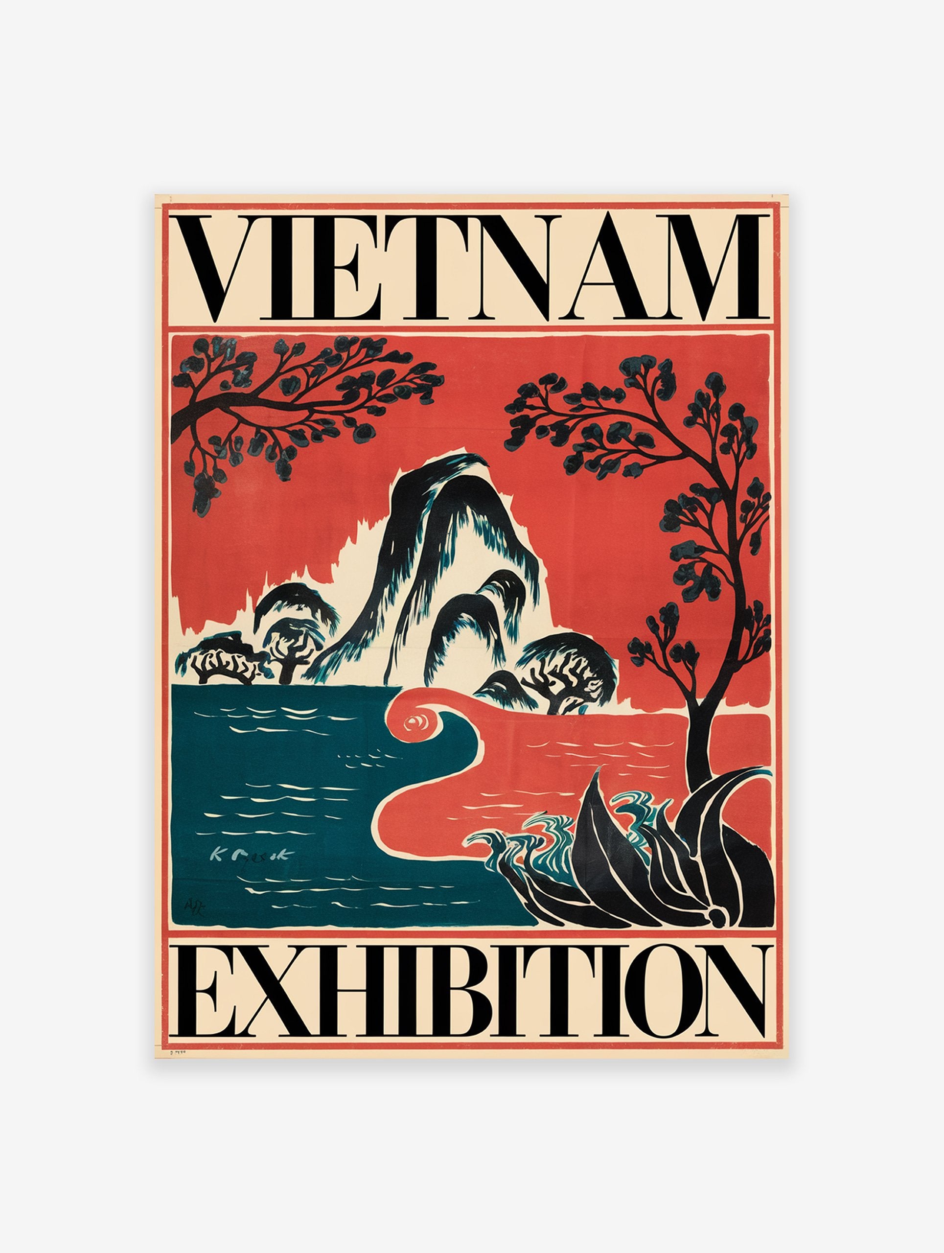 Vintage Vietnam Exhibition travel poster with stylized mountains, water, and trees in red, blue, and black.