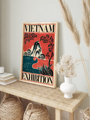 Vintage Vietnam Exhibition travel poster with stylized mountains, water, and trees in red, blue, and black. - Image 4