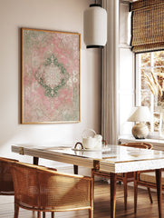 Distressed pink and green vintage area rug with ornate medallion and floral Persian-style pattern on a white background - Image 2
