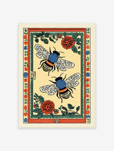 Vintage bee art print with two honeybees, red and blue flowers, and green leaves within a decorative border on a yellow background.