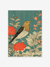 Vintage bird poster with a golden bird, red flowers, and green leaves on a teal background in an illustrated style.