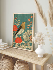 Vintage bird poster with a golden bird, red flowers, and green leaves on a teal background in an illustrated style. - Image 4