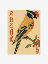Vintage bird poster with blue and yellow crested bird on branch, red blossoms and red vertical lettering
