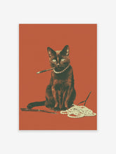 Vintage-style poster of a black cat wearing a pearl necklace and holding a cigarette holder, with more pearls scattered around.