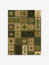 Vintage botanical wall art print with multiple square and rectangular panels featuring green and earth-tone floral and ornamental patterns.