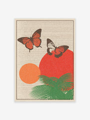 Vintage tropical poster featuring two red and orange butterflies, green palm leaves, and red and orange circles on a striped background.