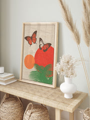 Vintage tropical poster featuring two red and orange butterflies, green palm leaves, and red and orange circles on a striped background. - Image 4