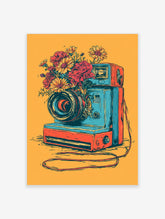 Vintage blue and orange instant camera illustration overflowing with colourful flowers on a warm yellow background