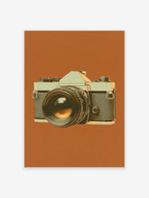 Vintage camera poster with a detailed illustration of a classic camera on a warm brown background.