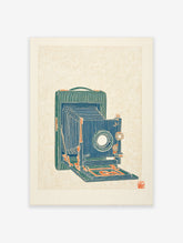 Vintage folding camera illustration art print in blue, green, and orange on a textured cream background.