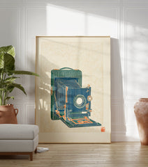 Vintage folding camera illustration art print in blue, green, and orange on a textured cream background. - Image 3