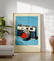 Illustrated vintage camera art print on a light blue background with a red lens, perfect for retro wall decor. - Image 3
