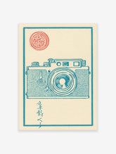 Vintage camera illustration in blue and red on a cream background with Japanese text, block print style wall art.