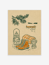 Vintage camping poster with green lantern, orange hiking boots, bedroll, and canoe on beige background