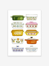 Watercolor illustration of various vintage casserole dishes and bakeware in green, yellow, pink, and orange colors.