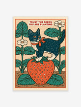 Vintage cat and strawberry poster with red quote text and green leaves