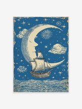 Vintage celestial poster with a crescent moon face, sailing ship on wavy sea, stars, and clouds on a blue background.