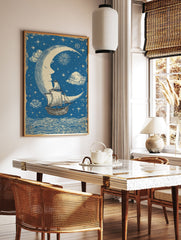 Vintage celestial poster with a crescent moon face, sailing ship on wavy sea, stars, and clouds on a blue background. - Image 2