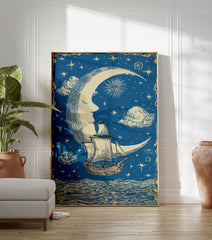 Vintage celestial poster with a crescent moon face, sailing ship on wavy sea, stars, and clouds on a blue background. - Image 3