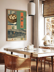Vintage collage print featuring steamed buns, Chinese street scene with bicycles, and characters on, in a styled room mockup