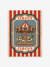Vintage circus carousel poster with red and white striped canopy, three galloping horses, and CIRCUS typography on blue