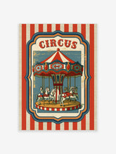 Vintage circus poster with red and white carousel, six horses, and CIRCUS text