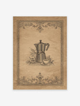 Vintage coffee poster with a Moka pot, coffee cup, and floral illustrations on a brown paper background.