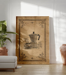 Vintage coffee poster featuring a detailed black line art illustration of a Moka pot and coffee cup on a sepia background with decorative borders. - Image 3