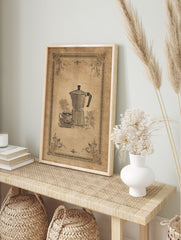 Vintage coffee poster featuring a detailed black line art illustration of a Moka pot and coffee cup on a sepia background with decorative borders. - Image 4