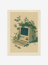 Vintage computer art print showing a retro Macintosh and keyboard entwined with green rose vines and light pink flowers.