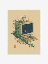 Vintage computer monitor and keyboard covered in green vines and white roses, botanical wall art print on a beige background.