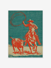 Vintage cowboy roping poster featuring a cowboy on a horse lassoing a calf, set against a teal and orange background.