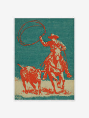 Vintage cowboy roping poster featuring a cowboy on a horse lassoing a calf, set against a teal and orange background.