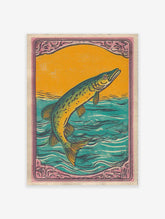 Vintage fish art print illustration of a jumping pike fish in teal water against an orange sky with a decorative pink border.