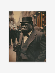 Vintage gorilla poster showing a dapper gorilla in a suit and top hat, smoking a cigarette, with a blurred street background.
