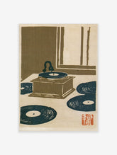 Vintage gramophone record player with vinyl records in a Japanese woodblock style illustration