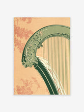 Vintage green harp musical instrument illustration with floral details on a peach patterned background