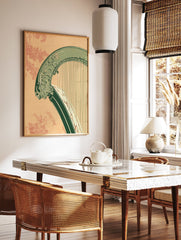 Vintage green harp musical instrument illustration with floral details on a peach patterned background - Image 2