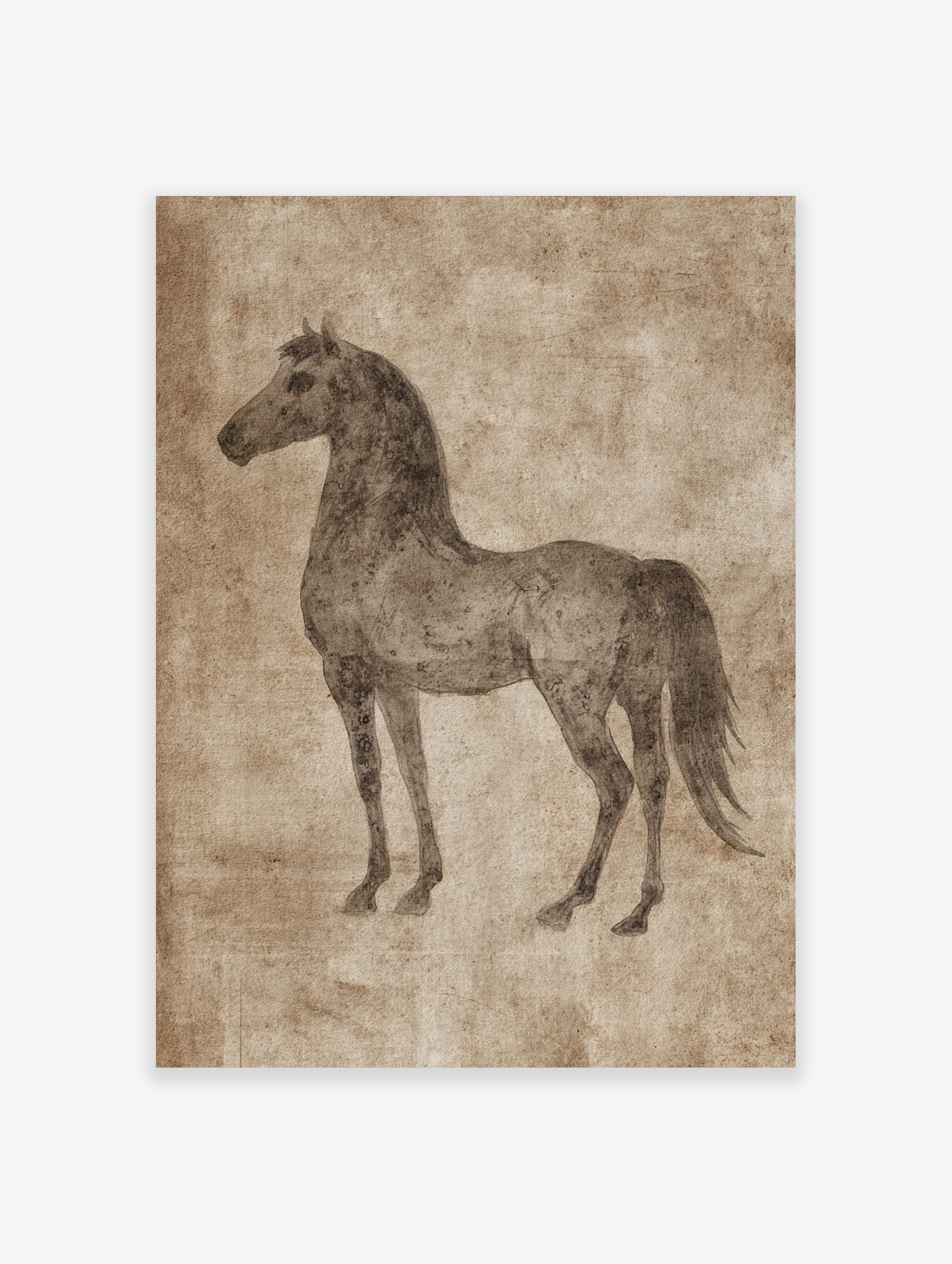 Sepia sketch of a horse standing in profile on a textured beige background, vintage illustrative style