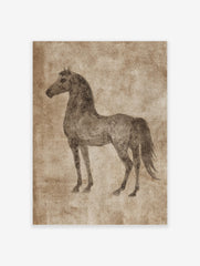 Sepia sketch of a horse standing in profile on a textured beige background, vintage illustrative style