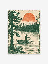 Vintage lake fisherman art print with green trees, boat, and orange sun in an illustrative style on a textured background.
