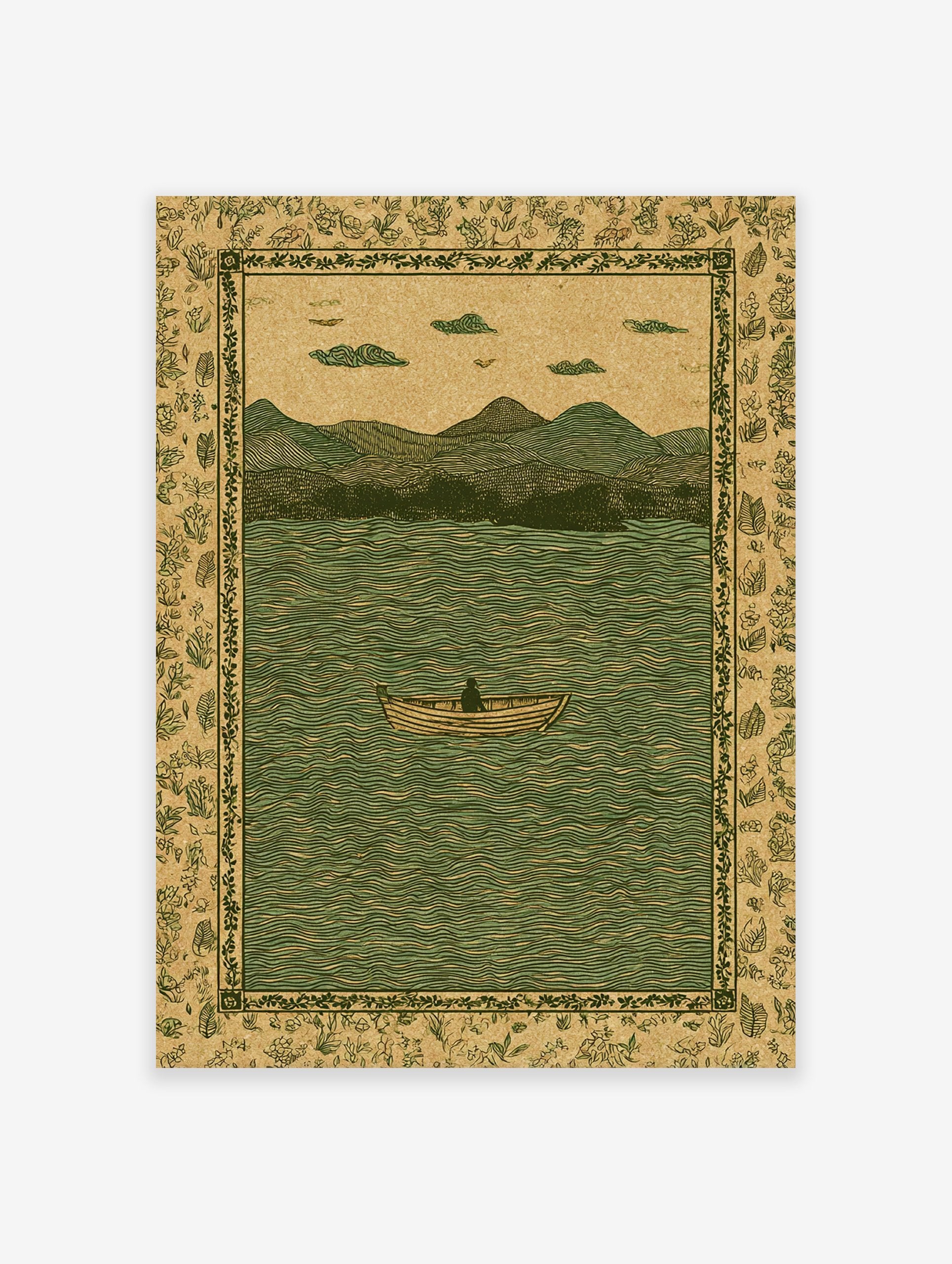 Vintage lake landscape illustration with a person in a boat, mountains, and a botanical border in green and brown.