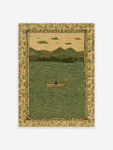 Vintage lake landscape illustration with a person in a boat, mountains, and a botanical border in green and brown.