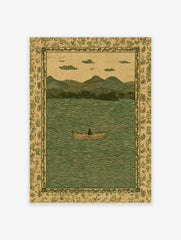 Vintage lake landscape illustration with a person in a boat, mountains, and a botanical border in green and brown.