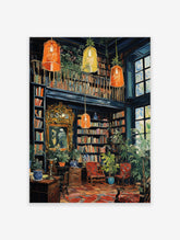 Vintage library poster with bookshelves, plants, windows, and hanging lamps in a cozy, detailed interior illustration.