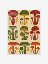 Vintage mushroom art print with red and green fungi, ferns, and botanical details on beige background