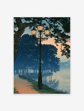 Vintage park lamp poster with ornate triple lantern, tree silhouettes, and twilight blue and orange sky