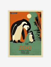 Vintage London Underground poster showing a large and small penguin, "FOR THE ZOO" text, sun, and trees in orange and green.