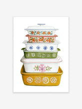 Illustration of a stack of six colorful vintage Pyrex casserole dishes with floral and geometric patterns on a white background.
